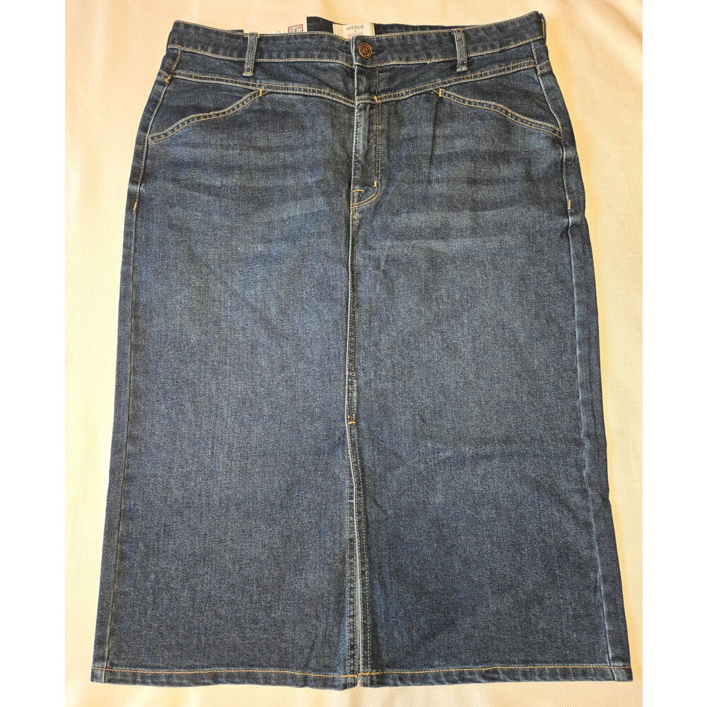 Sz 14 EDITED Blue Medium Wash Denim Yoke Waist 5-Pocket Center-Slit Jean Skirt